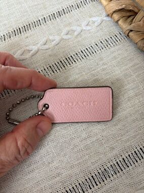 COACH Pink Pebbled Leather Key Tag with Silver Ball Chain